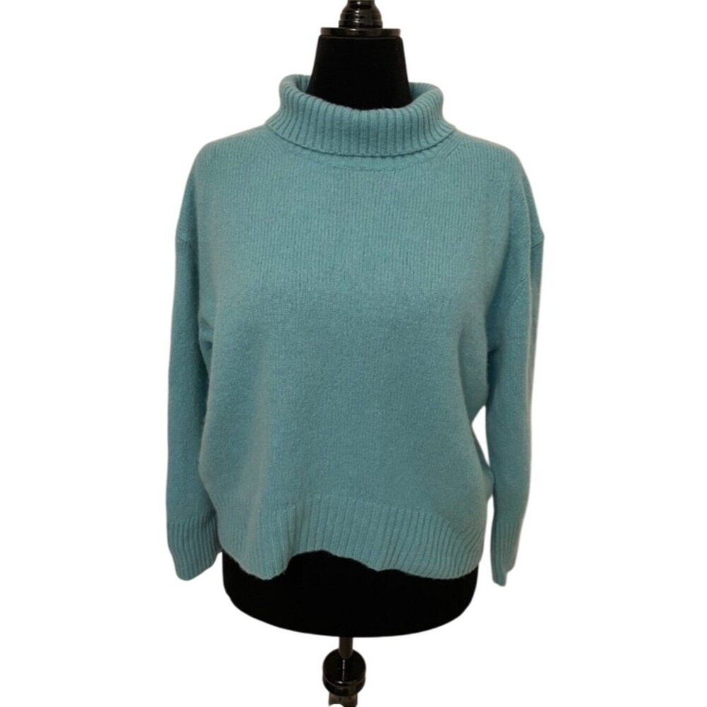 Banana Republic 100% Cashmere Turtleneck Sweater Womens Large Aqua Blue Boxy